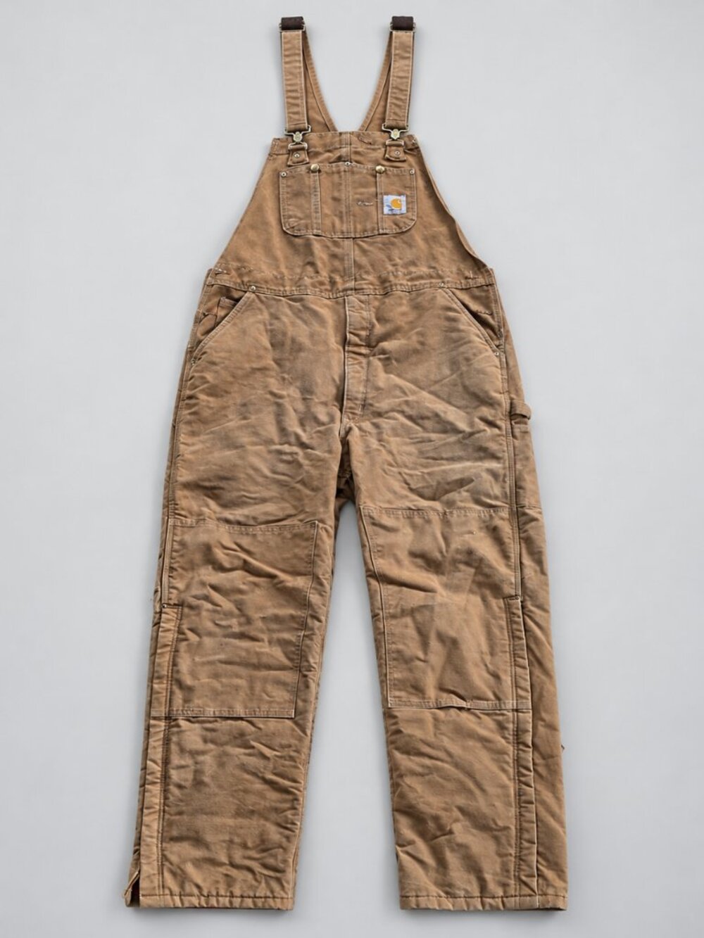 Carhartt Brown Duck Insulated Bib Overalls Double Knee Distressed 42x34